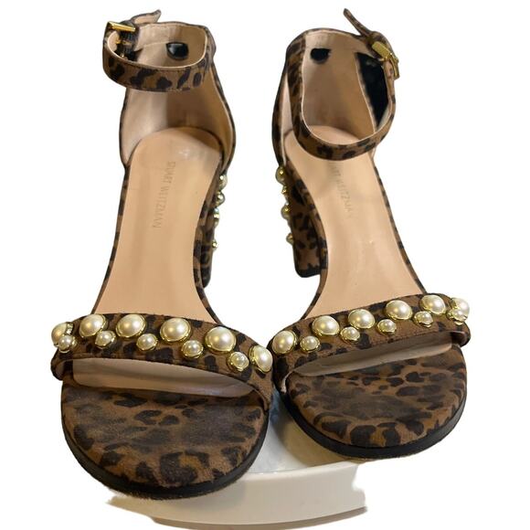 Stuart Weitzman Morepearls Leopard sandal Pearl embellishments Size  5.5 - Picture 2 of 7